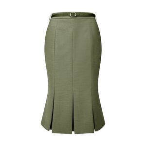 Skirt with Belt Below Knee Length Fishtail Skirt Olive Green